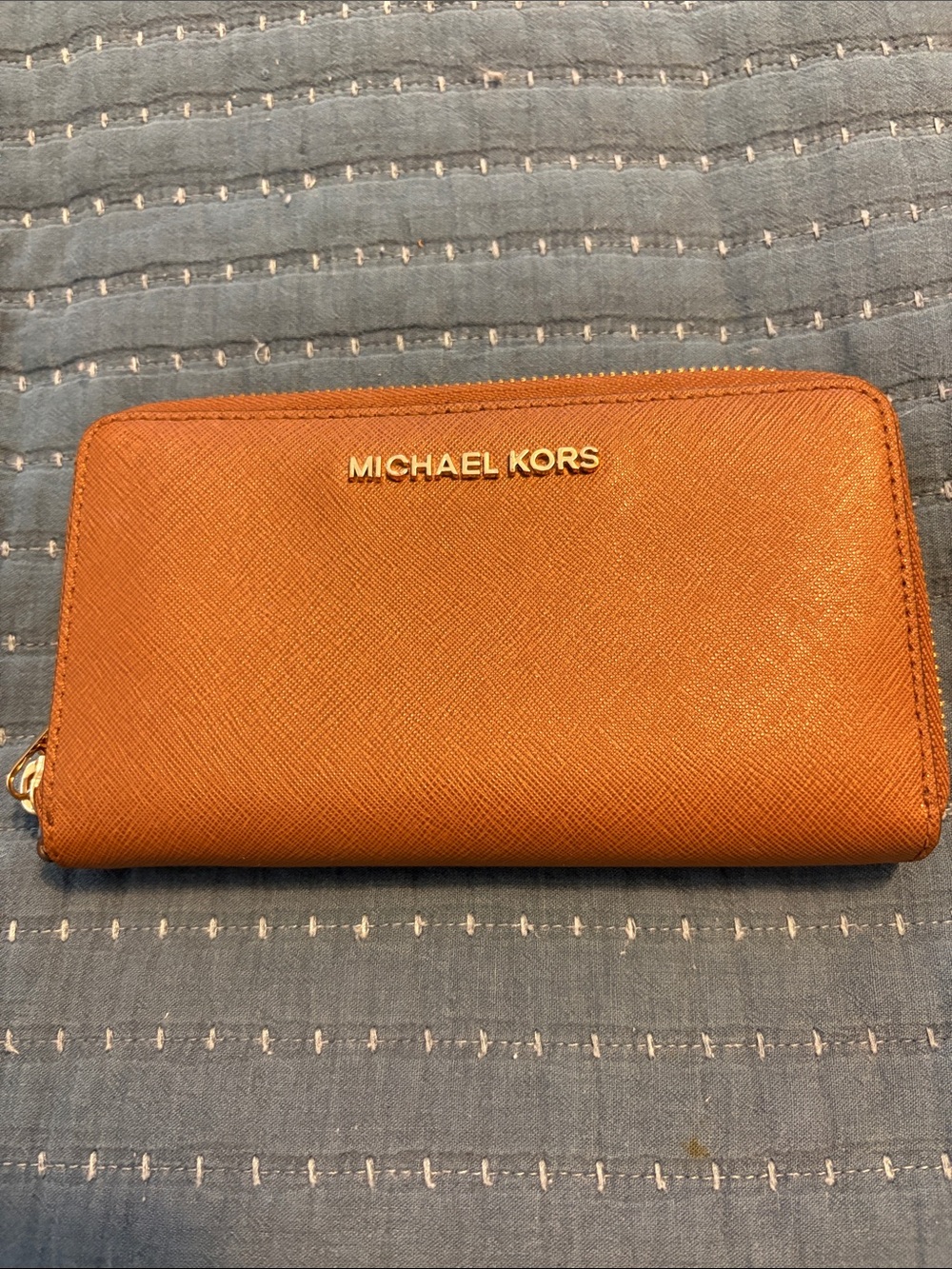 Michael Kirs Briwn Zip-Around Saffiano Wallet with Gold Logo